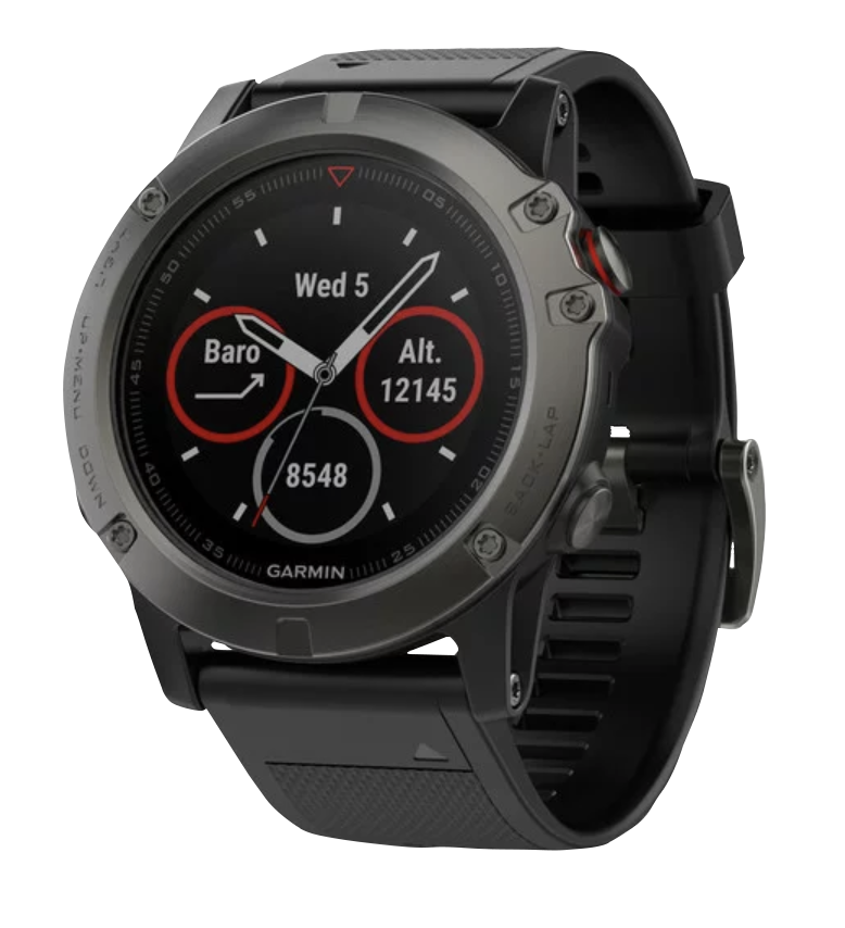 Garmin Fenix 5X smartwatch, slate-gray case with black band, sapphire, certified refurbished.