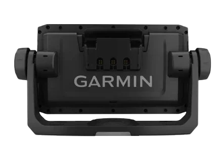 Garmin ECHOMAP 64cv UHD marine chartplotter back view with black housing, Garmin logo, and mounting bracket