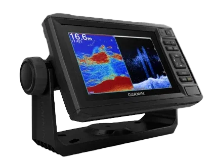 ECHOMAP 65cv UHD Garmin marine chartplotter with LakeVu g3 maps and GT24UDH‑TM transducer on mount