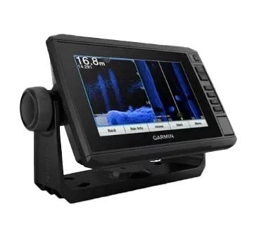 Garmin ECHOMAP UHD 72sv marine chartplotter mounted on bracket, black device with blue sonar display