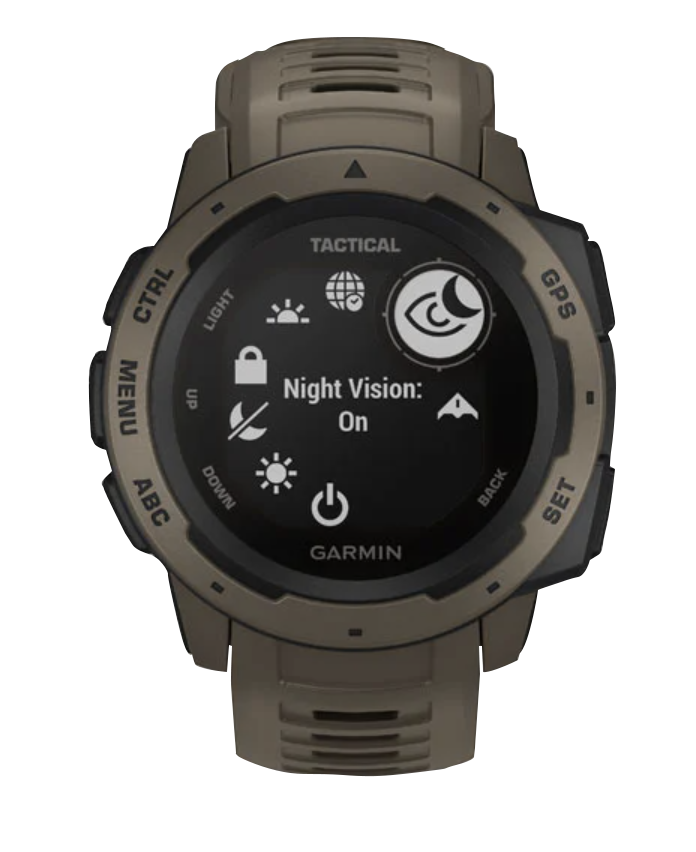 Garmin Instinct Tactical smartwatch in Coyote Tan with rugged bezel