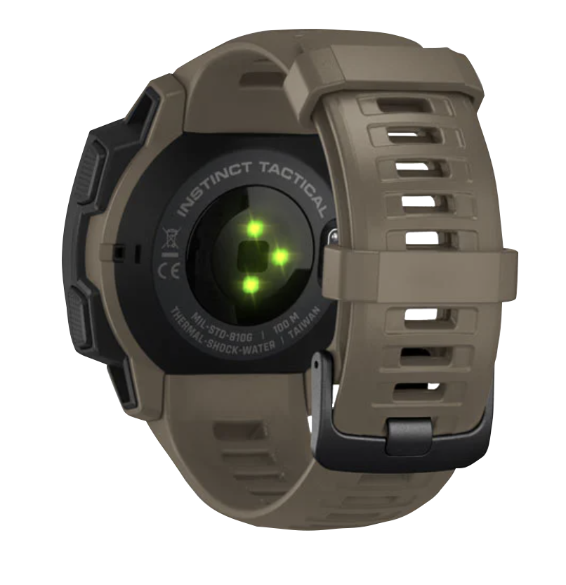 Garmin Instinct Tactical smartwatch, coyote tan, back view with green LED sensors