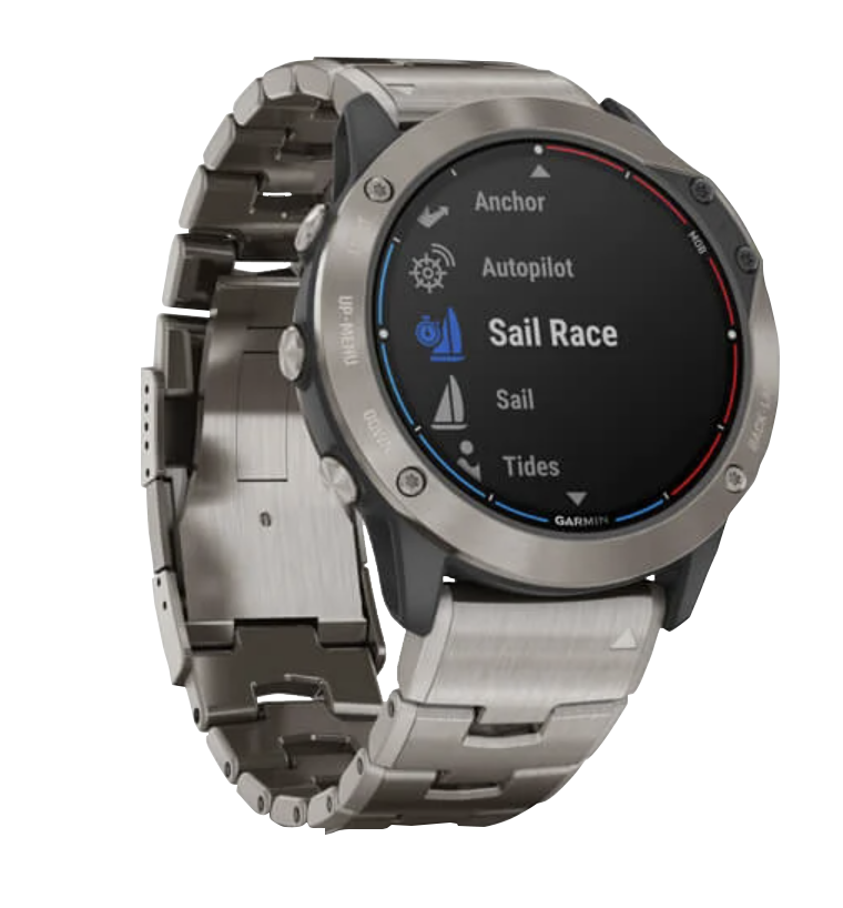 Garmin Quatix 6X Solar marine smartwatch with stainless steel bezel and band.