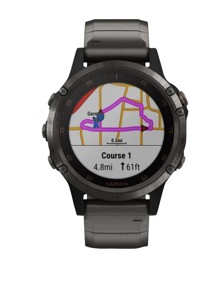 Garmin Fenix 5 Plus Sapphire smart watch in carbon gray DLC titanium with map display