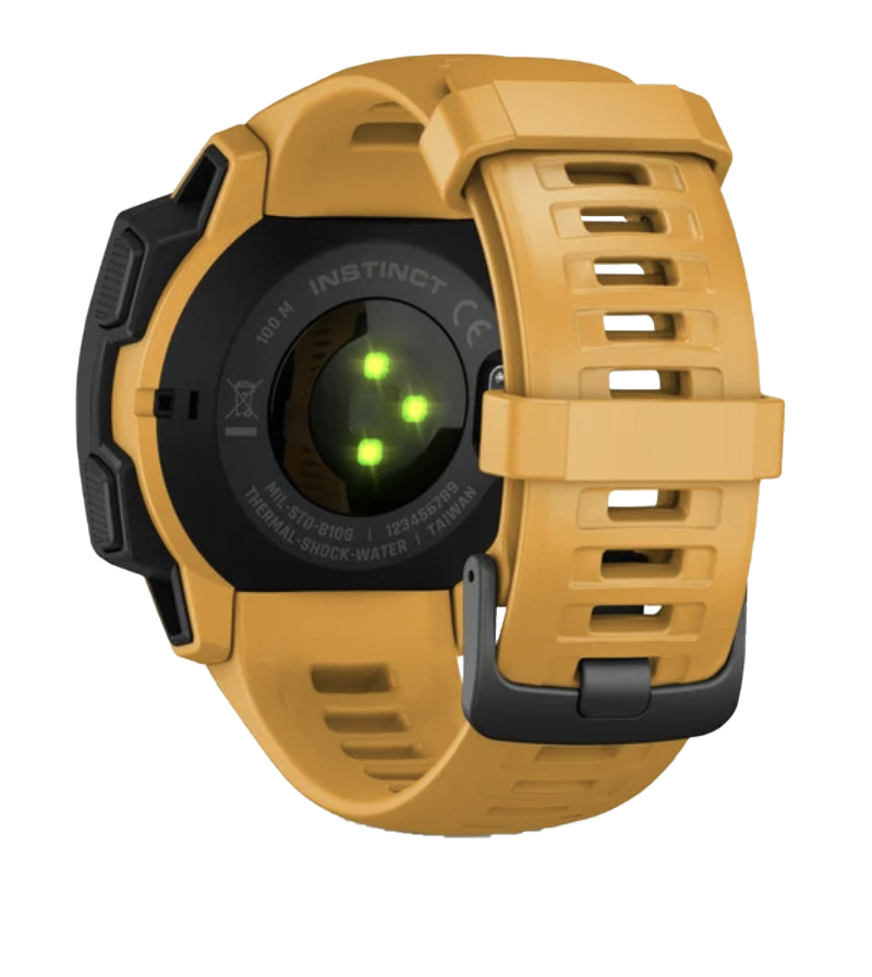 Garmin Instinct Sunburst rugged GPS smartwatch, certified refurbished, yellow silicone strap.