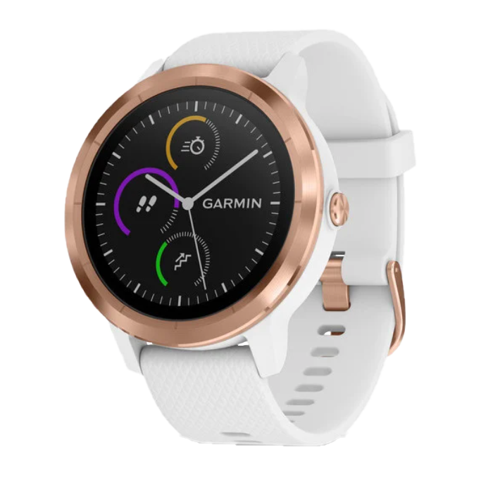 Garmin Vivoactive 3 GPS smartwatch with white band and rose-gold bezel