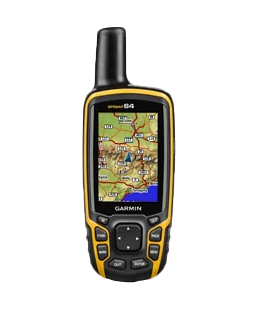 Garmin GPSMAP 64 handheld GPS with maps, yellow/black rugged exterior, refurbished