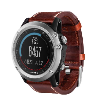 Garmin Fenix 3 Sapphire GPS smartwatch with silver case and brown leather band