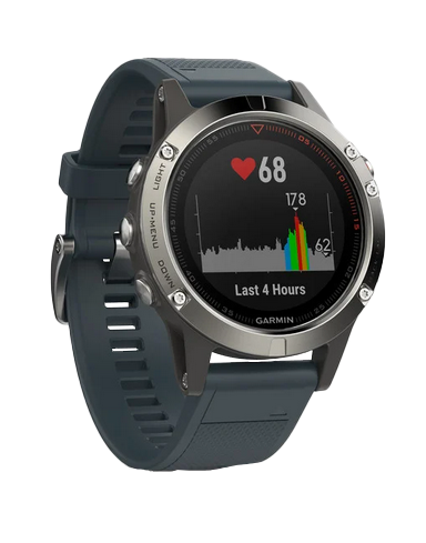 Garmin Fenix 5 smartwatch with granite blue band and silver bezel, certified refurbished