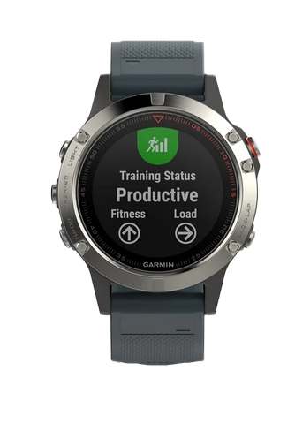 Garmin Fenix 5 GPS smartwatch, certified refurbished, silver case with granite blue band.
