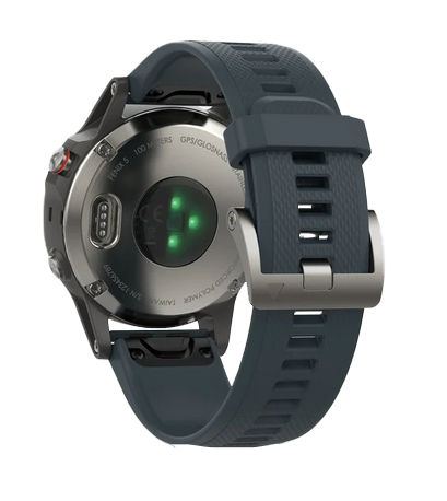 Garmin Fenix 5 GPS smartwatch with silver case and granite blue band, refurbished