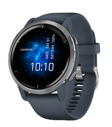 Garmin Venu 2 GPS smartwatch with silver bezel and granite blue band, refurbished