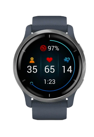 Garmin Venu 2 GPS smartwatch, silver bezel with granite blue case, certified refurbished