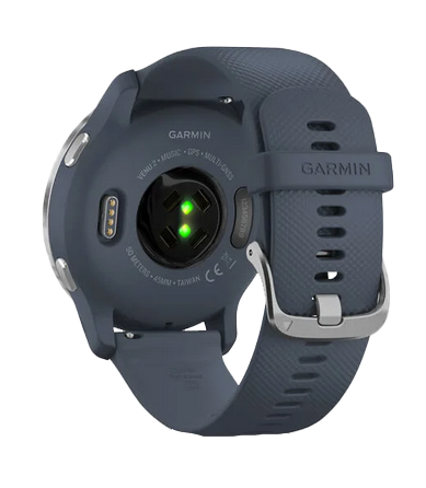 Garmin Venu 2 GPS smartwatch with silver bezel and granite blue case, certified refurbished