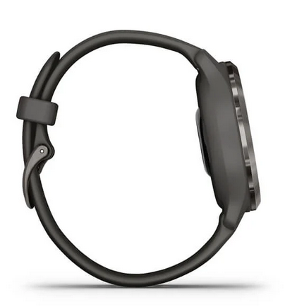 Garmin Venu 2S smartwatch with slate stainless-steel bezel and graphite silicone band.