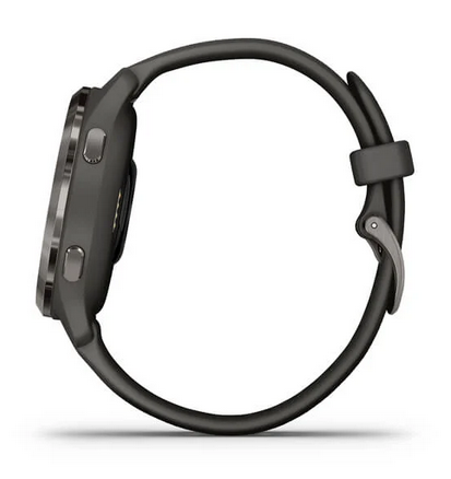 Garmin Venu 2S smartwatch with slate stainless steel bezel, graphite case, and silicone band