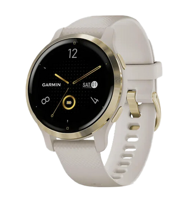 Garmin Venu 2s GPS smartwatch, gold bezel with tan band, certified refurbished