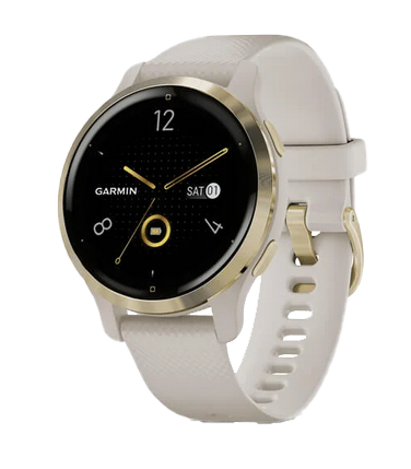 Garmin Venu 2S smartwatch with light gold stainless-steel bezel, light sand case, and silicone band.