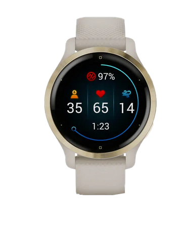 Garmin Venu 2s smartwatch, gold bezel with tan band, certified refurbished.