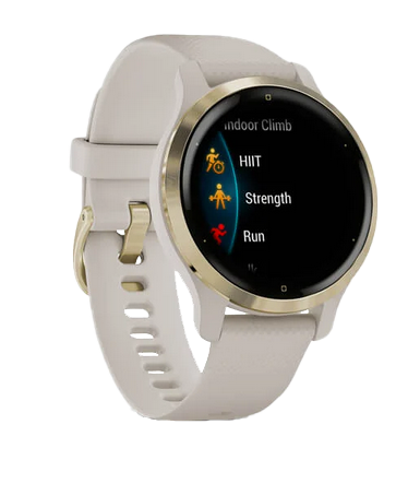 Garmin Venu 2s GPS smartwatch with gold bezel and tan band, certified refurbished