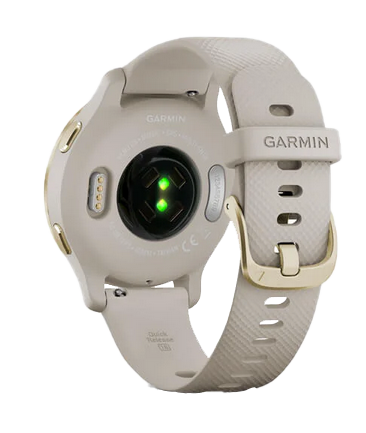 Garmin Venu 2s GPS smartwatch with gold bezel and tan band, certified refurbished