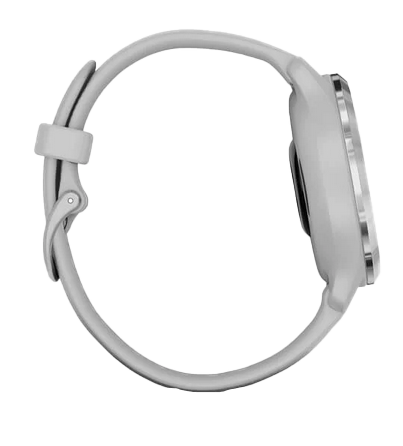 Garmin Venu 2S smartwatch with silver stainless-steel bezel, mist gray case and silicone band