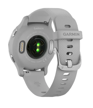Garmin Venu 2S smartwatch with silver stainless steel bezel and mist gray silicone band (010-02429-02)
