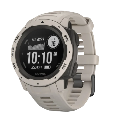Garmin Instinct Tundra GPS Watch, beige band, rugged outdoor smartwatch