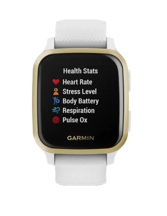 Garmin Venu Sq GPS Smartwatch with white band and gold bezel, certified refurbished