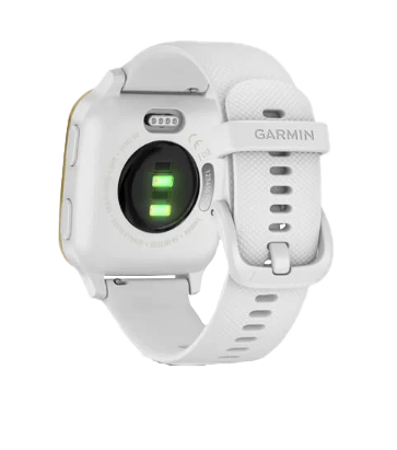 Garmin Venu Sq GPS smartwatch with white band and gold bezel, certified refurbished