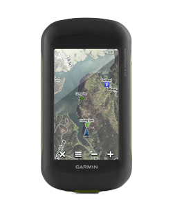 Garmin Montana 610 handheld GPS with touchscreen, black body and lime-green trim displaying maps