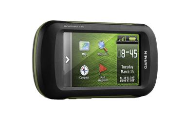 Garmin Montana 610 handheld GPS with touchscreen and maps, black with lime-green accents, refurbished