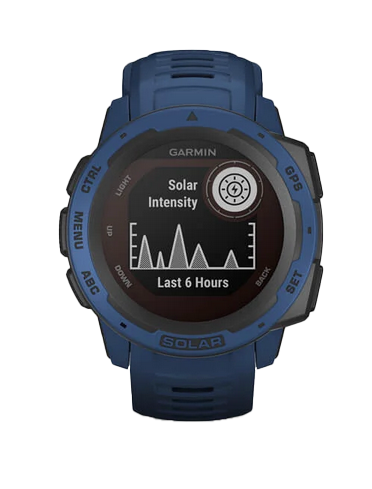Garmin Instinct Solar smartwatch in tidal blue, rugged GPS wearable; certified refurbished.