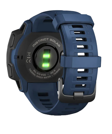 Garmin Instinct Solar smartwatch in tidal blue, rugged GPS watch, certified refurbished.