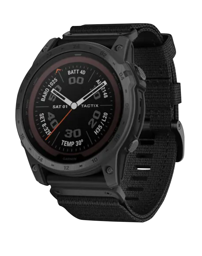 Garmin Tactix 7 Pro Edition smart watch with black nylon strap and rugged dark-gray case.