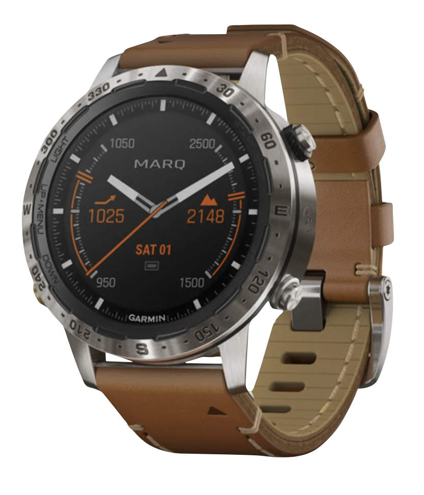 Garmin MARQ Adventurer men's luxury GPS smartwatch with brown leather strap and stainless steel bezel.