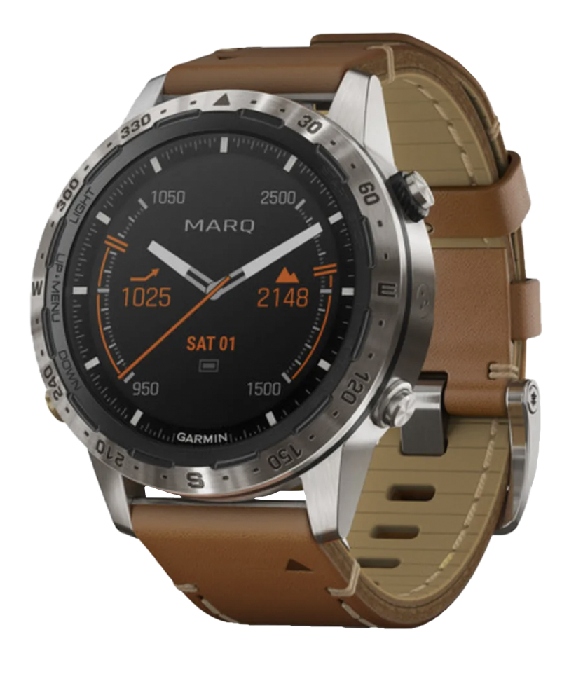 Garmin MARQ Adventurer Expedition smartwatch with brown leather strap and stainless steel bezel, certified refurbished
