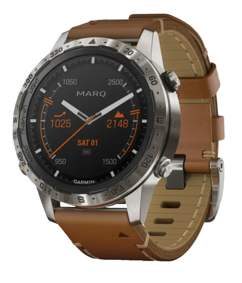 Garmin MARQ Adventurer Expedition smartwatch with brown leather strap and stainless steel bezel, certified refurbished