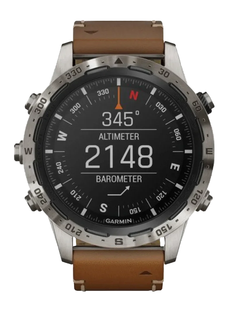 Garmin MARQ Adventurer Expedition smartwatch with brown leather strap, refurbished stainless steel case
