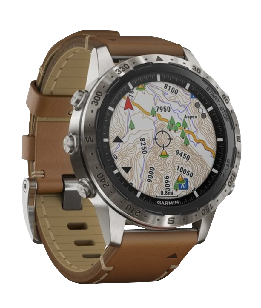 Garmin MARQ Adventurer smartwatch with brown leather strap, silver case, and detailed topographic map display.