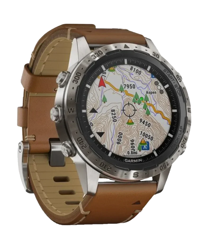 Garmin MARQ Adventurer Expedition smartwatch with brown leather strap and map display.