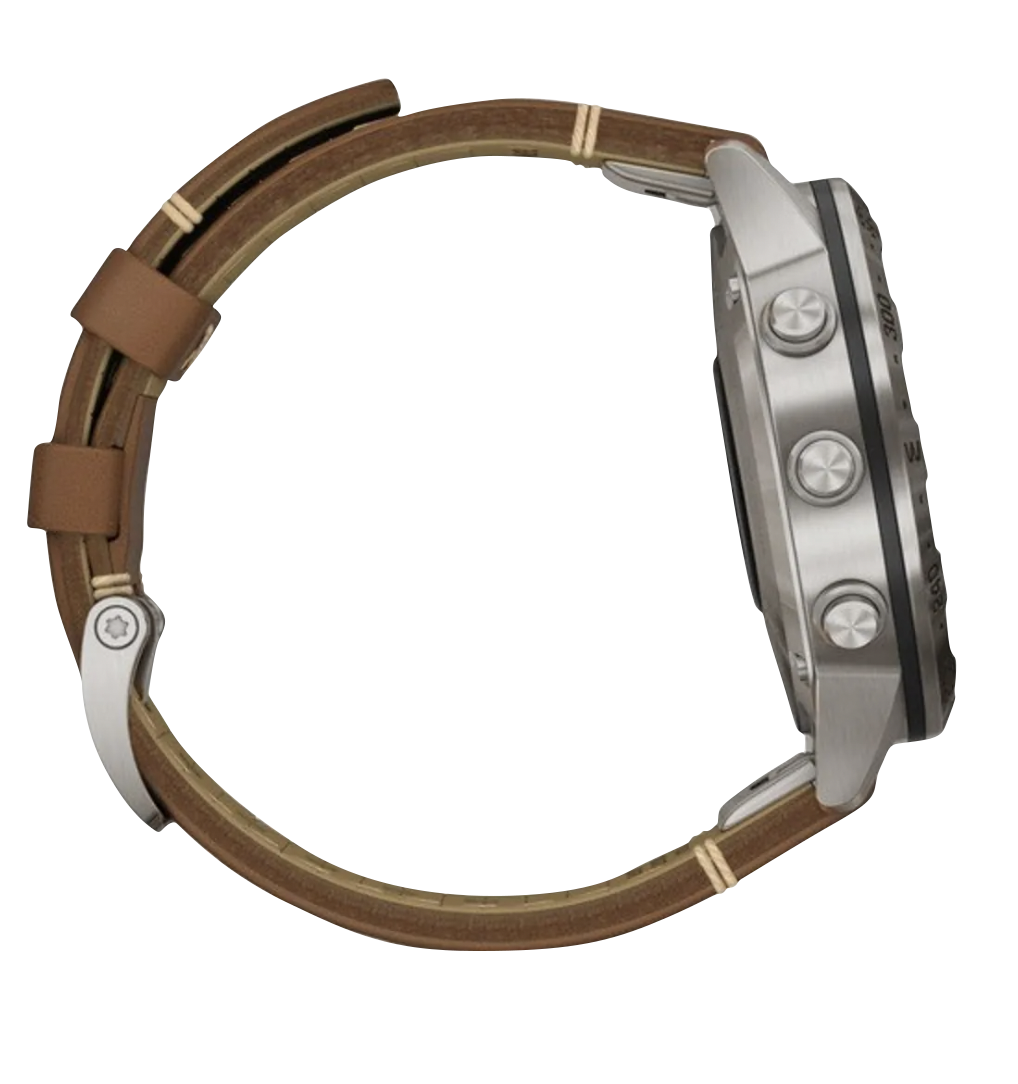 Garmin MARQ Adventurer men's luxury GPS smartwatch with stainless steel case and brown leather strap
