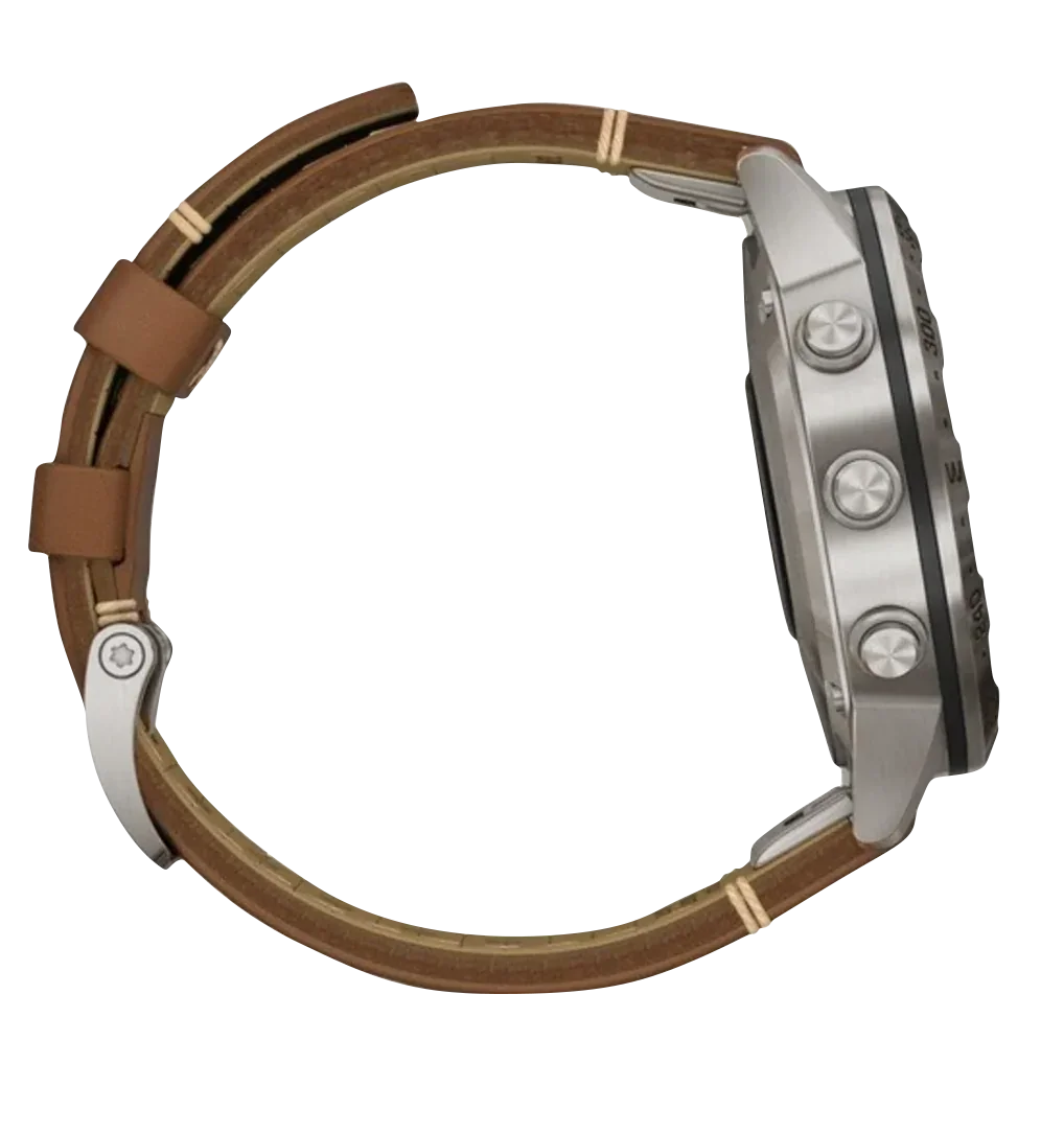 Garmin MARQ Adventurer men's luxury GPS smartwatch with stainless steel case and brown leather strap