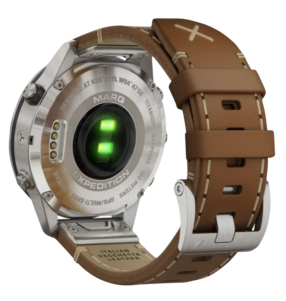 Garmin MARQ Adventurer smartwatch back view with brown leather strap