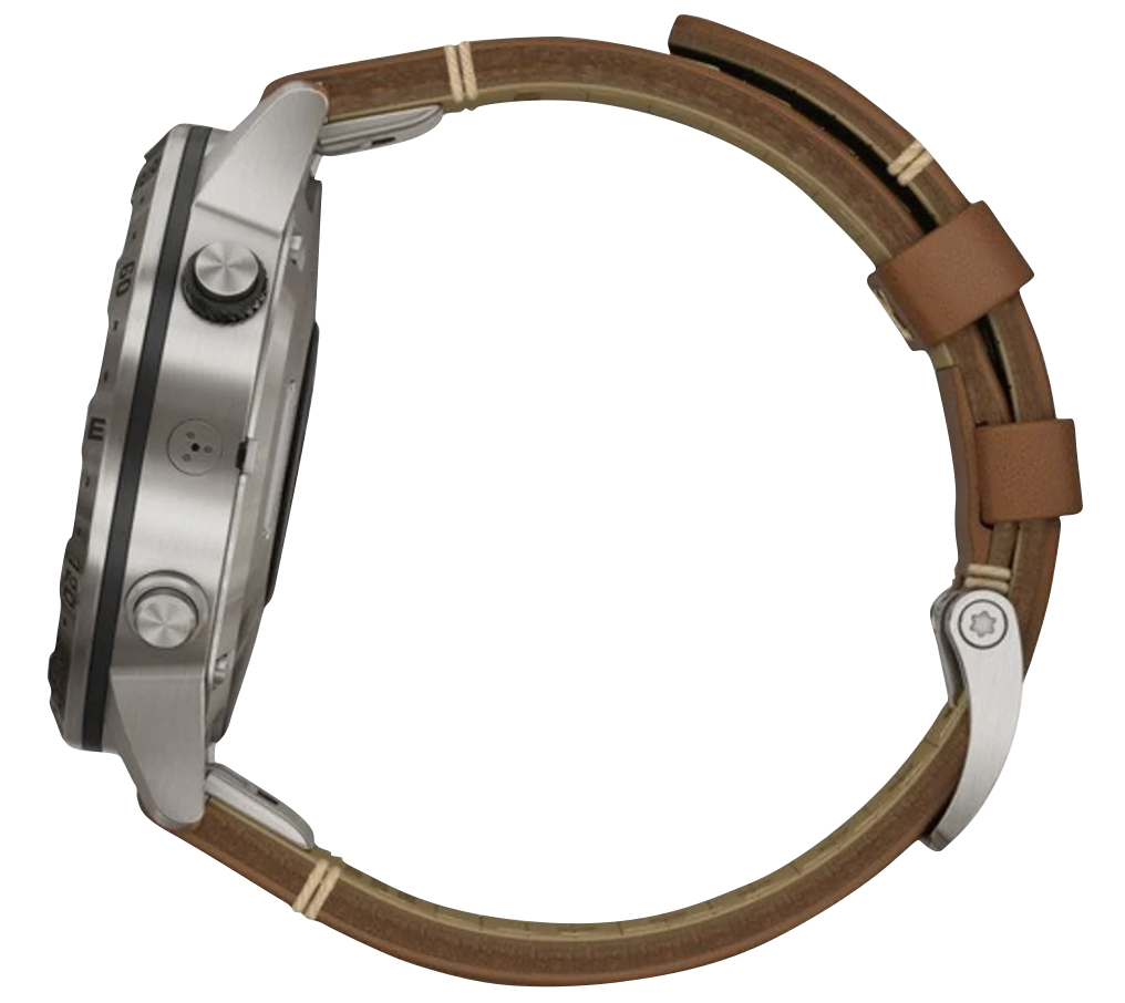 Garmin MARQ Adventurer men's luxury GPS smartwatch with stainless-steel case and brown leather strap