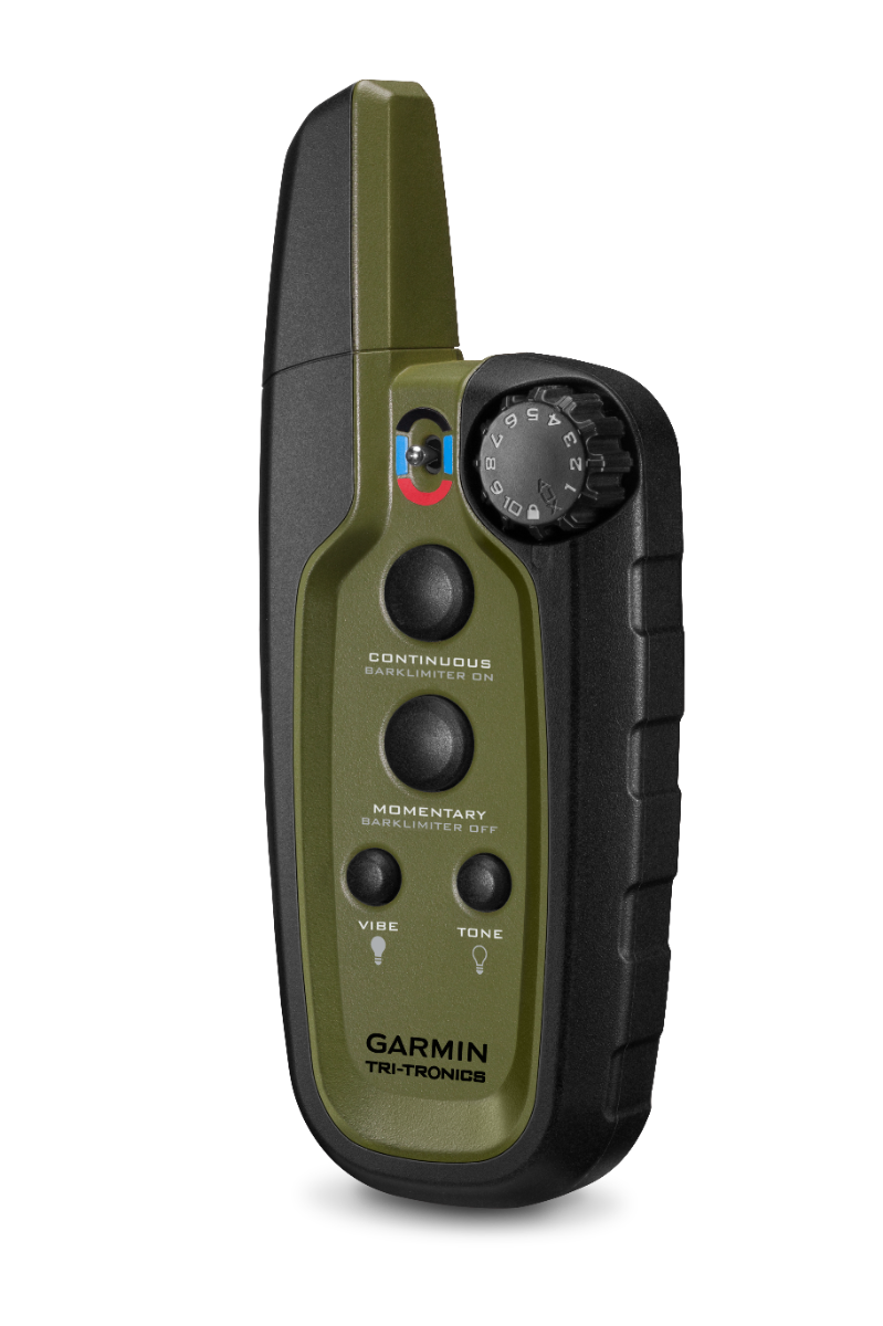 Garmin Sport PRO remote trainer in olive green and black with dial and Vibe and Tone controls