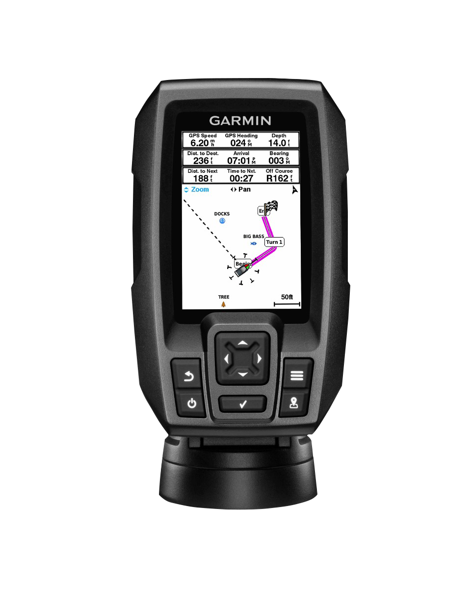 Garmin STRIKER 4 US fish finder handheld with transducer, black plastic housing, compact display for boat use