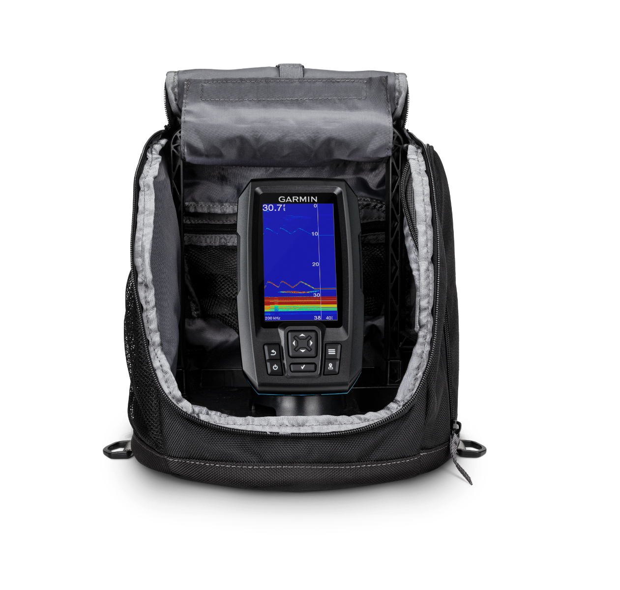 Garmin Striker Plus 4 Ice fishing bundle with Dual Beam-IF transducer in a compact backpack case