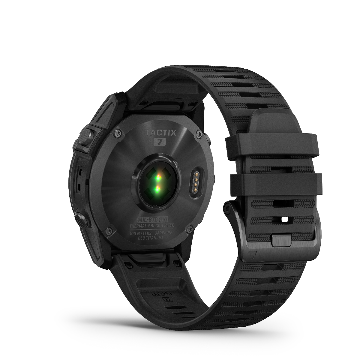 Garmin Tactix 7 smartwatch back view with black band and green sensor LEDs