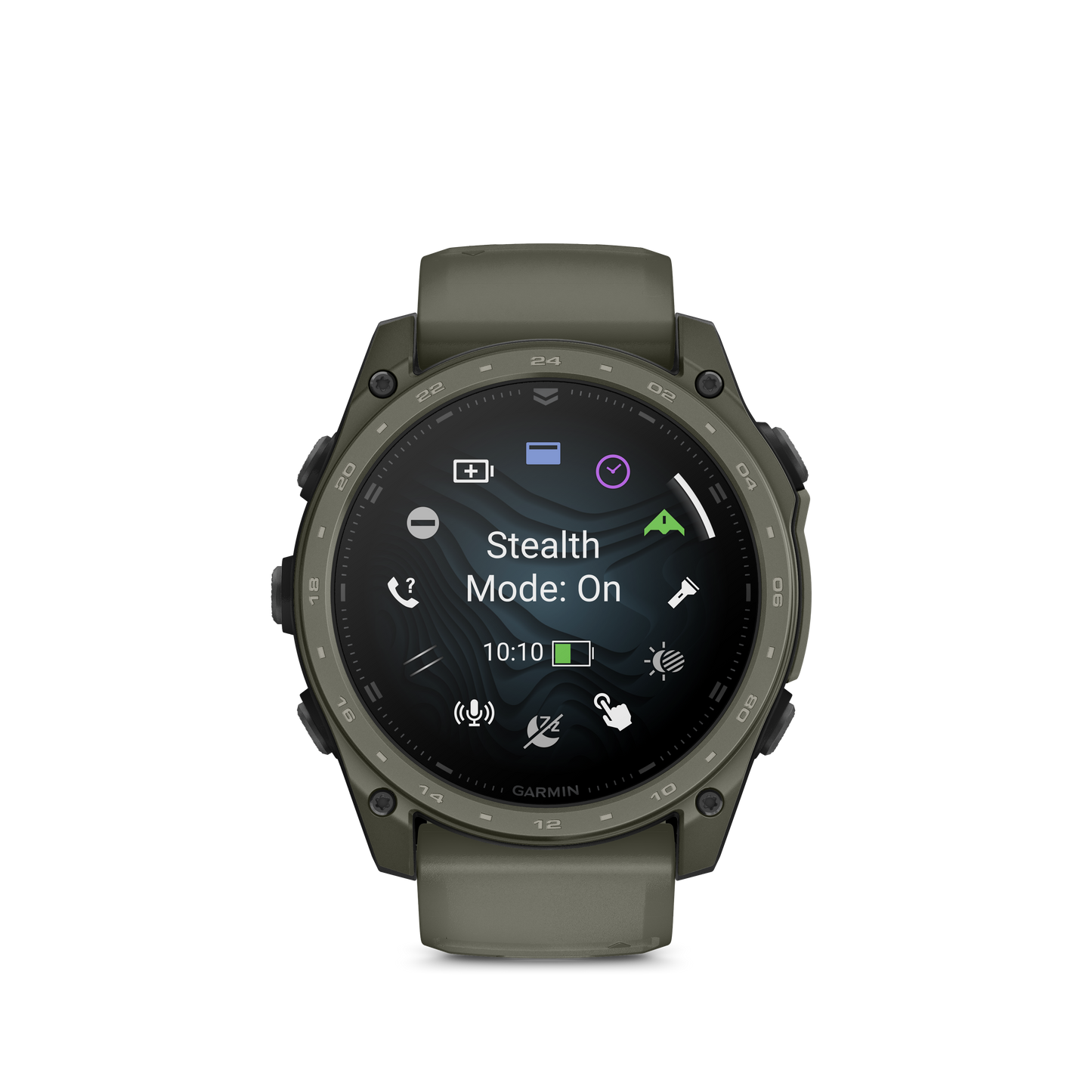 Garmin tactix 8 smartwatch, 51mm AMOLED with olive drab Cerakote coating and olive strap.